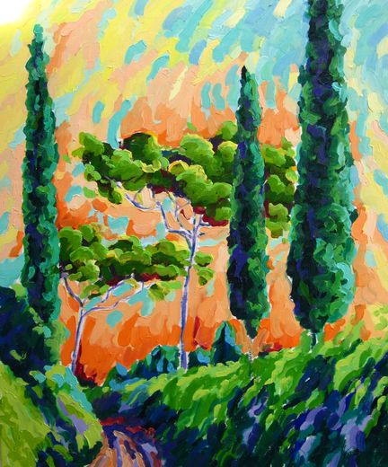 Frans van Veen - Peintre paysagiste contemporain nerlandais - exposition 2013  l'abbaye Saint-Hilaire - Cypres Ochtend (Des Cyprs du Matin), huile sur toile, 100 cm x 120 cm