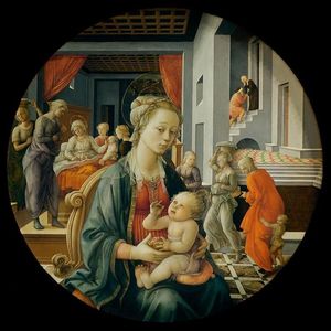 Tondo de la Vierge et l'Enfant entourés de personnages d'une scène de la vie de saint Anne, (1452, huile sur panneau, 135 cm de diamètre, famille Bartolini, Florence, Palazzo Pitti).