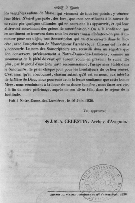 Souscription pour les réparations de Notre-Dame de Lumières - juin 1838