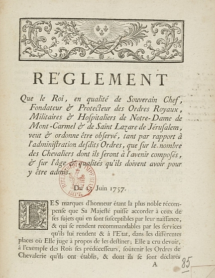 Règlement des Ordres de Notre-Dame de Mont-Carmel & Saint Lazare de Jérusalem, 15 juin 1757