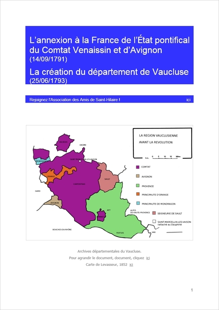 L'annexion à la france de l'Etat pontifical du Comtat Venaissin et d'Avignon (14/09/1791) et la création du département de Vaucluse (25/06/1793)