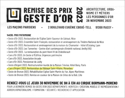 28/11/2023 Le Geste d'Or : Prix Patrimoine : remise du Care d'Argent 2023  l'abbaye Saint-Hilaire
