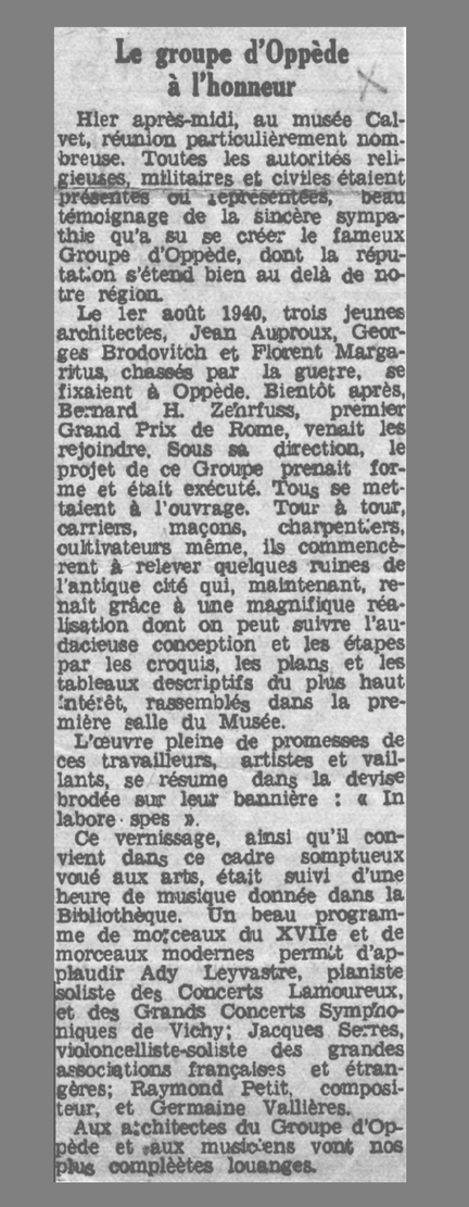 Article de presse de mai 1941 sur l'exposition du Centre de Maîtrise d’Oppède au musée Calvet, Avignon, 17 mai 1941