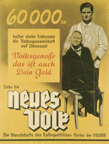 Affiche de propagande allemande de 1938 pour l'euthanasie des adultes handicapés physiques et mentaux