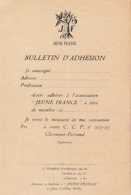 Bulletin d'adhésion à l'association Jeune France - 1940-1942