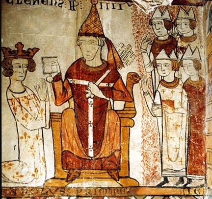 Fresques du XIIIe siècle de la tour Ferrande - Pernes-les-Fontaines (Vaucluse)- Investiture en 1226 par le pape Clément IV de Charles Ier, comte de Provence en tant que roi de Sicile