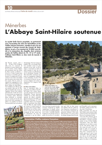 L'écho du mardi, n° 3755, 25 avril 2017 - L'abbaye Saint-Hilaire soutenue par des mécènes