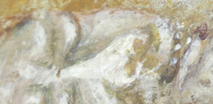 Abbaye Saint-Hilaire, Ménerbes, Vaucluse - Chapelle annexe du XIVe siècle, peinture murale du retable du XVe siècle, pigments blancs employés dans la Crucifixion