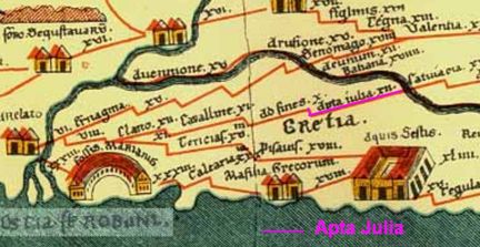 Fac-similé de la table de Peutinger (Tabula Peutingeriana) : Apta Iulia entre Cavaillon (Cavalline) et Sisteron (Segusterone)