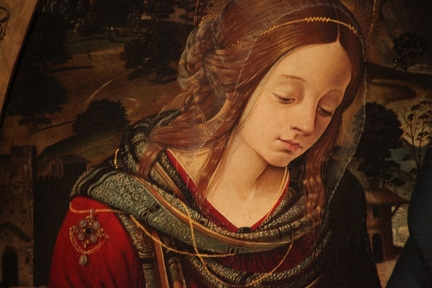 Détail du tondo La Vierge à l’enfant avec le jeune saint Jean (vers 1500), huile sur toile, 95,5 cm, - musée des Beaux-Arts, Strasbourg - France