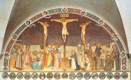 Assistant de Fra Angelico: Crucifixion (1441-1442), fresque, 550 950 cm, tympan nord de l'ex-salle capitulaire du couvent San Marco, Florence - Italie