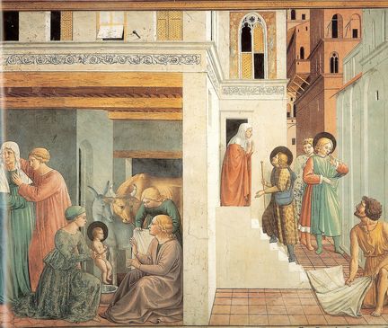 La Naissance et la Jeunesse de saint François (1452), fresque, église de San Francesco (fait maintenant partie du complexe du Musée de San Francesco), Montefalco - Italie