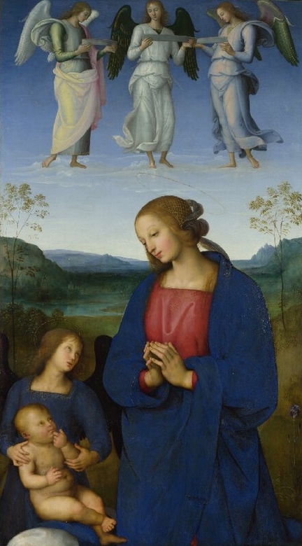 Vierge et l'enfant avec un ange (1496-1500), huile avec quelques tempera sur panneau bois, 114 x 63, cm, National Gallery, Londres - Grande-Bretagne
