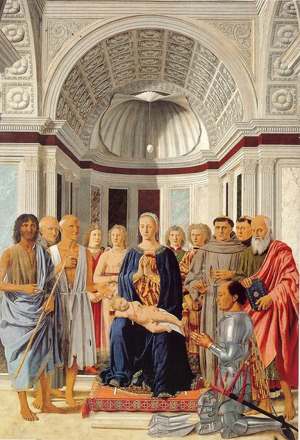 Le travail est connu comme Pala di Brera ou Pala Montefeltro, mais le titre le plus approprié est la Conversation sacrée (1472-1474), tempera et huile sur panneau bois, 248 x 170 cm, Pinacothèque de Brera, Milan - Italie