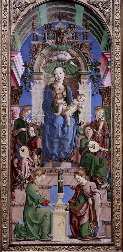 La Vierge à l'Enfant et des anges musiciens (vers 1470), huile et œuf sur panneau bois, 239 x 101,6 cm, National Gallery, Londres - Grande-Bretagne
