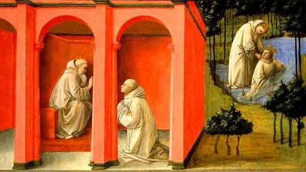 Fra Filippo Lippi - Saint Benedict Orders Saint Maurus to the Rescue of Saint Placidius, Tempera on panel; 41,9 cm x 71.5 cm (whole panel), 40 cm x 69,5 cm (painted surface) - National Gallery of Art  Washington.