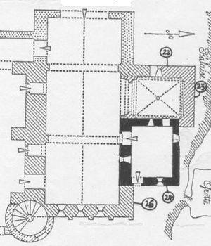 Abbaye Saint-Hilaire, monument historique class des XIIe et XIIIe sicles, premier btiment conventuel carme (XIIIe sicle) du Comtat Venaissin (1274-1791) - Mnerbes - Vaucluse - Plan de localisation des signes lapidaires n 2