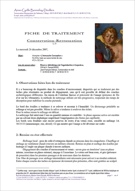 L'Immacule Conception (anonyme, fin XVIe sicle), Bibliothque municipale de l'Inguimbertine, Carpentras, Vaucluse, Fiche de traitement conservation-restauration d'Anne-Cyrille Bonnefoy-Devilers, restauratrice, 2007