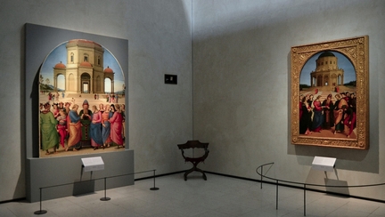 A gauche : Le Mariage de la Vierge (Prugin, 1504,  droite : Le Mariage de la Vierge (Raphal, 1504)
