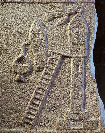 Bas-relief du Ve ou VIe s. le saint reçoit la visite d'un homme qui tient probablement un encensoir