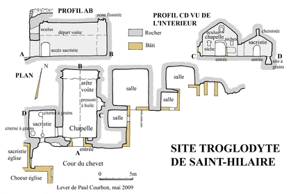 Abbaye Saint-Hilaire, monument historique class des XIIe et XIIIe sicles, premier btiment conventuel carme (XIIIe sicle) du Comtat Venaissin (1274-1791) - Mnerbes - Vaucluse - Plan et coupes de la chapelle troglodytique