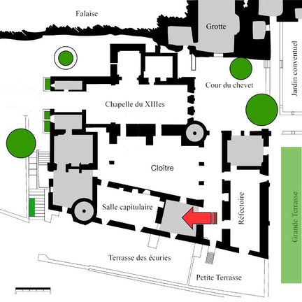 Abbaye Saint-Hilaire, monument historique class des XIIe et XIIIe sicles, premier btiment conventuel carme (XIIIe sicle) du Comtat Venaissin (1274-1791) - Mnerbes - Vaucluse - Plan du chauffoir