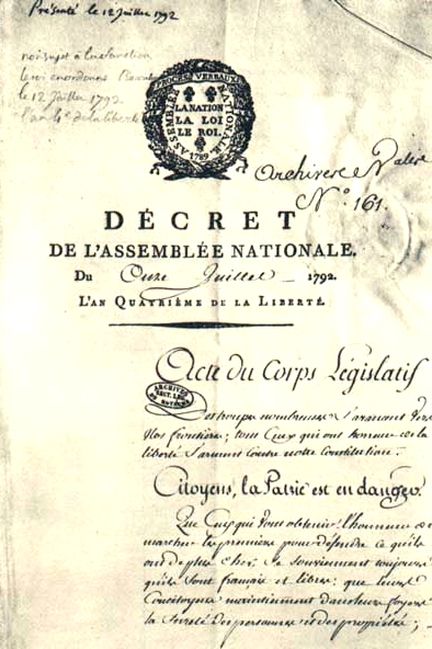 Dcret de l'Assemble proclamant la Patrie en danger - Archives Nationales