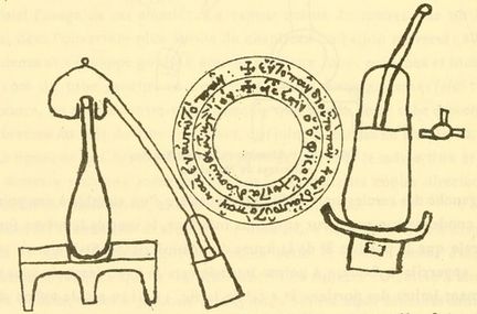 Alambic et vase  fixation - Manuscrit du XVe sicle - Introduction  la chimie des Anciens et du Moyen-Age (page 136) - Berthelot