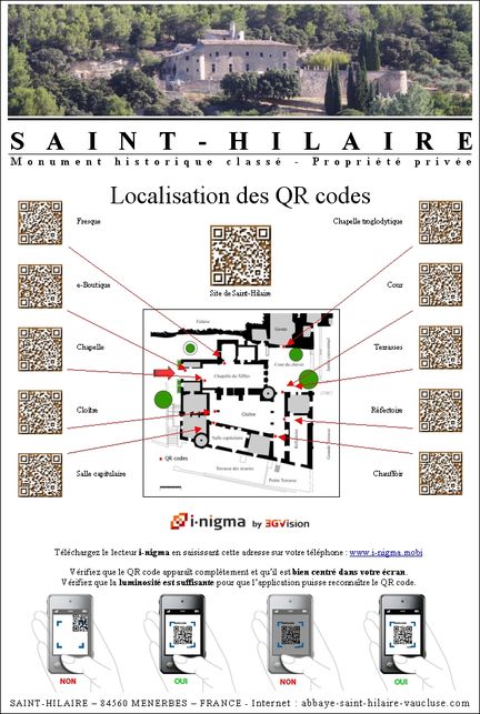 Abbaye Saint-Hilaire, monument historique class des XIIe et XIIIe sicles, premier btiment conventuel carme (XIIIe sicle) du Comtat Venaissin (1274-1791) - Mnerbes - Vaucluse - Implantation des QR codes sur le site