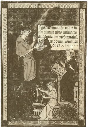 Le professeur de matire mdicale enseigne son art  deux lves; l'un suit dans un livre ce qui est dit, l'autre excute la prparation et manie les pilons. Illustration du Canon d'Avicenne, traduit par Grard de Crmone. XIVe sicle. Bnf ms latin, 14023, fol. 769 V.