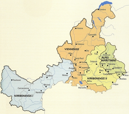 Carte administrative du sud-est de la Gaule pendant l'Antiquité tardive: trois provinces issues de la division de la Narbonnaise augustéenne (Narbonnaise Première et Seconde et Viennoise) et les Alpes maritimes