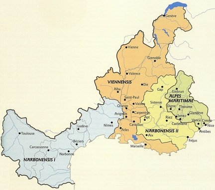 Carte administrative du sud-est de la Gaule pendant l'Antiquit tardive: trois provinces issues de la division de la Narbonnaise augustenne (Narbonnaise Premire et Seconde et Viennoise) et les Alpes maritimes