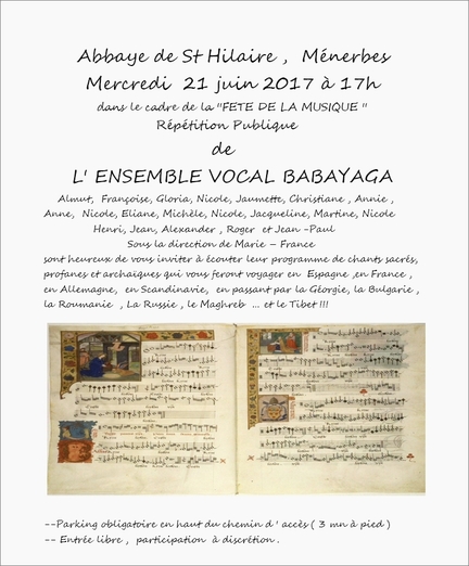 Rptition publique de l'Ensemble vocal Babayaga  l'abbaye Saint-Hilaire, le 21 juin 2017