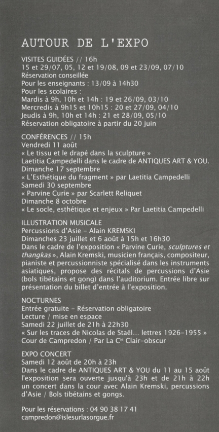 Exposition Sculptures et thangkas, slection d'œuvres de Parvine Curie, centre d'art Campredon, L'Isle-sur-la-Sorgue, du 08.07 au 08.10.2017