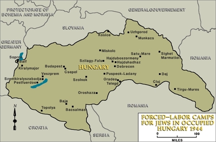 Carte des camps de travail forc pour les Juifs dans la Hongrie occupe par l'Allemagne nazie durant la Seconde Guerre mondiale