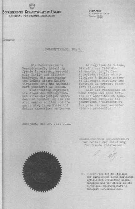 Passeport collectif (Kollektiv-Pass) dlivr le 29 juillet 1944 par l'ambassade de Suisse  Budapest, dirige par Karl Lutz