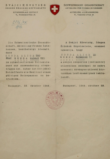 Lettre diplomatique dite de protection dlivre le 23 octobre 1944 par l'ambassade de Suisse  Budapest, dirige par Karl Lutz