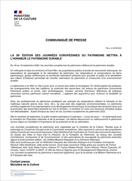 La 39e dition des Journes europennes du patrimoine met  l'honneur le patrimoine durable