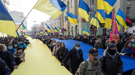 Demonstrators with Ukrainian national flags rally against Russian aggression in the center of Kharkiv, Ukraine's second-largest city, Feb. 5, 2022.