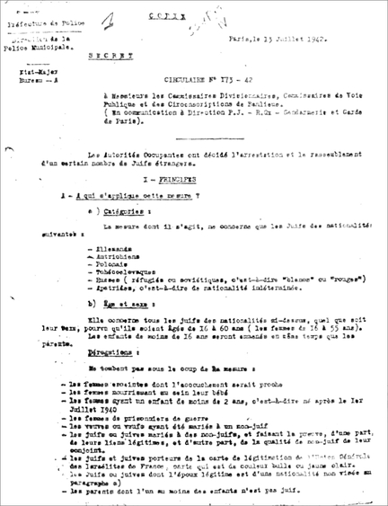 Circulaire N 173-42 de la Prfecture de Police signe par Emile HENNEQUIN, Directeur de la Police Municipale de Paris, qui dclencha les grandes rafles de Juillet 1942