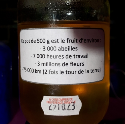 500 g de miel = 3 000 abeilles, 7 000 heures de travail, 3 millions de fleurs, 75 000 km (2 fois le tour de la terre