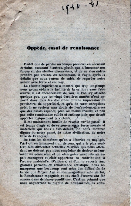 Bernard Zehrfuss, Oppde, essais de renaissance, Cahiers du Sud, n 232, fvrier 1941