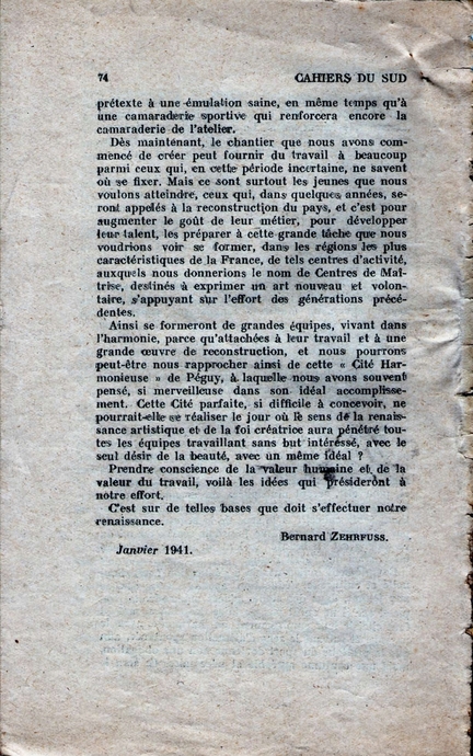 Bernard Zehrfuss, Oppde, essais de renaissance, Cahiers du Sud, n 232, fvrier 1941