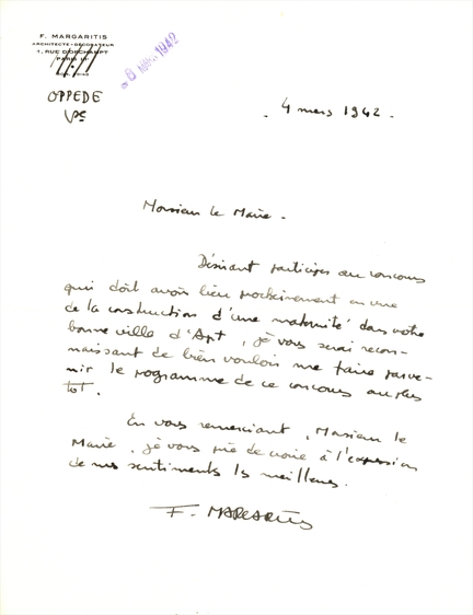 Lettre de candidature de Florent Margaritis pour un concours de matrise d’œuvre publique pour la conception d’un groupe chirurgical  l'hpital-hospice d'Apt, 4 mars 1942