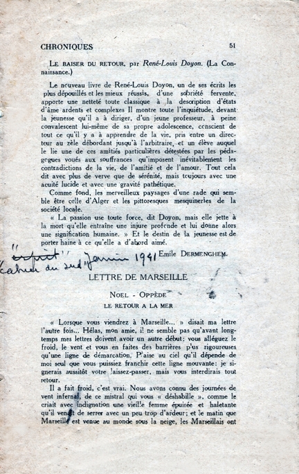 Jean Lambert, Oppde, Lettre de Marseille - Nol - Oppde, Cahiers du Sud, n 231, janvier 1941