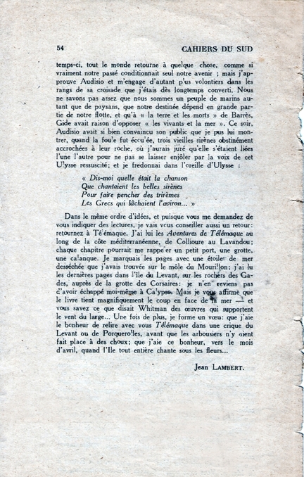 Jean Lambert, Oppde, Lettre de Marseille - Nol - Oppde, Cahiers du Sud, n 231, janvier 1941