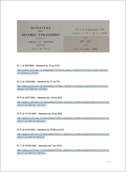 Ministre des Affaires Etrangres - Cabinet du Ministre - Service de Presse - Dossiers de Presse : Synthses de l’actualit franaise et trangre - N 1 du 8/9/1940 au N 169 du 23/11/1943