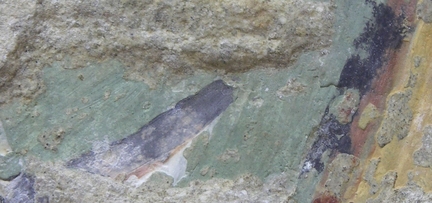 Abbaye Saint-Hilaire, Mnerbes, Vaucluse - Chapelle annexe du XIVe sicle, peinture murale du retable du XVe sicle, pigments verts employs dans la Crucifixion