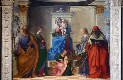 Retable de San Zaccaria: La Vierge et l'Enfant avec quatre saints (1505), huile sur bois transferre sur toile, 402 x 273 cm, glise de San Zaccaria, Venise - Italie