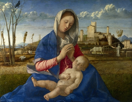 Madonna of the Meadow (vers 1500), huile et oeuf sur le panneau synthtique, transfr sur panneau bois, 67,3 x 86,4 cm, National Gallery, Londres - Grande-Bretagne